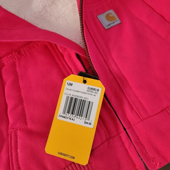 Carhartt Girls' Zip Front Canvas Insulated Hooded Jacket, Dark Pink 12 months - Picture 3 of 6